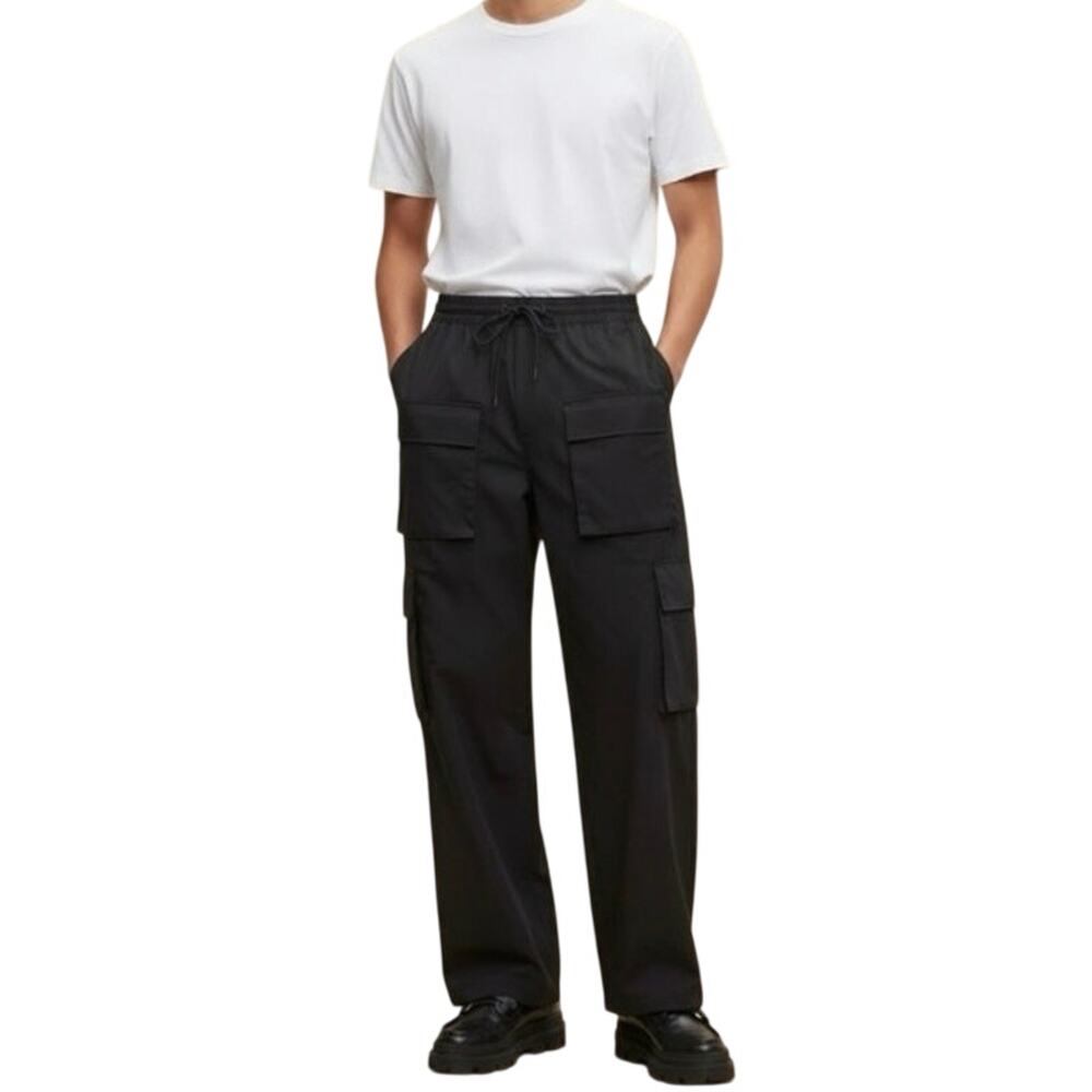 Mode of One Mens Sz S Baggy Wide Leg Cargo Pants in Black Elastic Waist